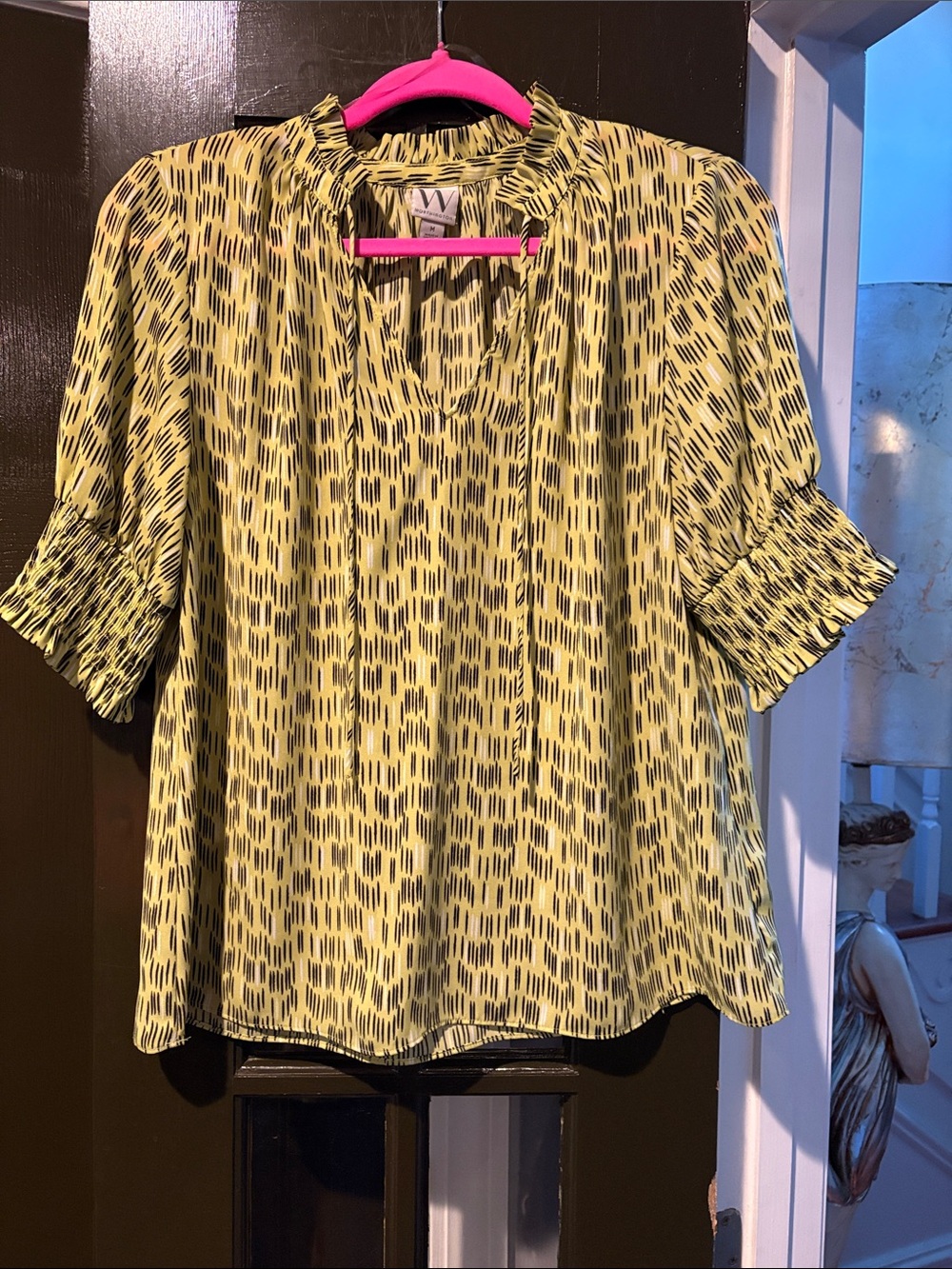 Worthington Yellow and Black Patterned Peasant Blouse